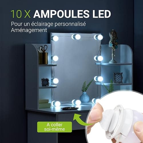 Juskys Coiffeuse Bella avec Miroir, éclairage LED, tiroir et 4 étagères, 108x40x140cm, Coiffeuse cosmétique Lumineux - Table de Maquillage pour Adulte et Enfant Fille - Blanc thumbnail 5