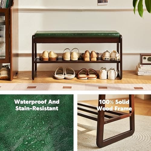 Solid Wood Shoe Bench, 2-Tier Wooden Storage Entryway Bench, Mid-Century Modern Shoe Bench Rack, End of Bed Bench with Faux Leather Cushion, Ottoman Bench for Hallway, Living Room (Walnut, 31.5'') thumbnail 4
