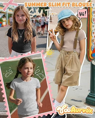 YooAurvox 4 Pack Girl's Basic Ribbed Tees Tops | Girl's, Basic, Ribbed, Tween, Teens, Summer, Cap Sleeve, Slim Fit, Cute, Casual, Daily Wear thumbnail 5