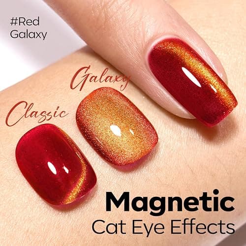 modelones Red Cat Eye Gel Nail Polish Glod Magnetic Glitter | Holographic Red Ruby Gel Polish Reflective Jelly Translucent UV Gel Manicure 15 ML thumbnail 2