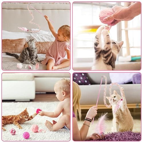 MALLMALL6 10Pcs Cat Toy Set Interactive Cat Toys Pack Including Feather Teaser Wand Cat Springs Mice Crinkle Balls and Pet Bell Balls, Puzzle Toys for Indoor Cats Gift (Pink) thumbnail 4