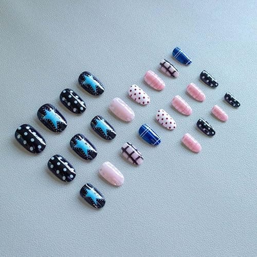 24Pcs French Tip Press on Nails Short Almond Polka Dot Fake Nails Press ons Nail Tips, ZWENJIE Stick on Nails Colorful Acrylic Nails Kit False Nails Plaid Design Nail Art for Women Manicure thumbnail 5