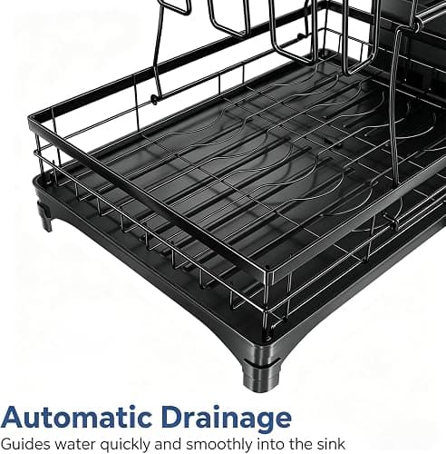 Simple Trending Dish Rack, Stainless Steel Dish Drying Rack for Kitchen Counter, Large Capacity 2-Tier Dish Drainer Organizer with Utensil Holder, Black thumbnail 6
