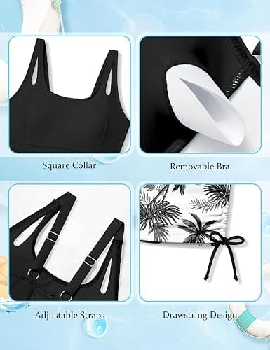 Aulyffo Girls Tankini Swimsuit 2 Piece Bathing Suits for Girls Square Collar Swim Tank Top and Drawstring Bottoms for 9-16Y thumbnail 5