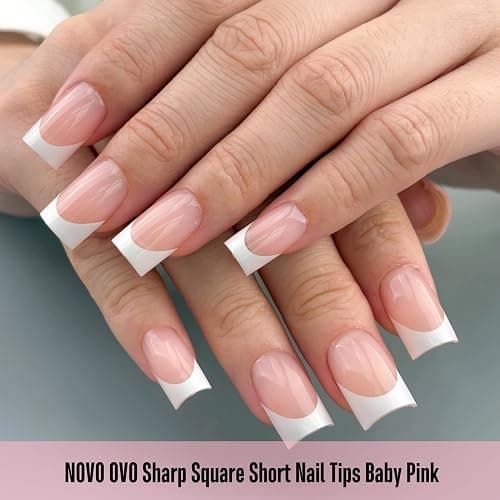 NOVO OVO Short Sharp Square White French Tip Nail Tips Press on BABY PINK, Need Builder Gel Top Coat Nail Glue, Soft Gel Fake Nail Extension, Full Cover False Nails for Salon DIY x 15 Sizes 240 pcs thumbnail 2