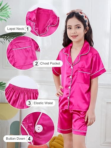 DIPUG Girls Silk Pajamas Set Satin Pjs for Kids Comfortable Nights Sleepwear - Short Sleeve Shorts Set - 10-11 Years - Hot Pink thumbnail 5