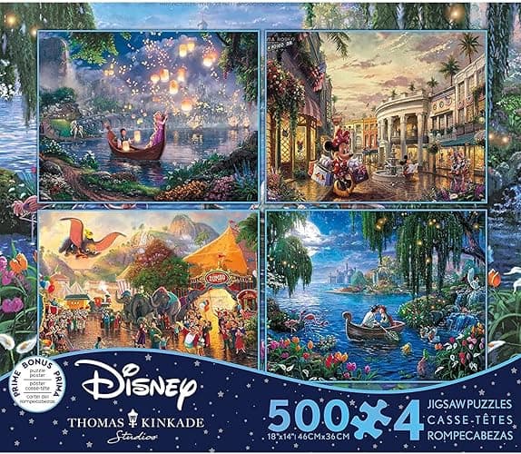 Ceaco - 4 in 1 Multipack - Thomas Kinkade - Disney Dreams Collection - Tangled, Mickey and Minnie Mouse, Dumbo, & The Little Mermaid - (4) 500 Piece Jigsaw Puzzles , Blue - Image 1