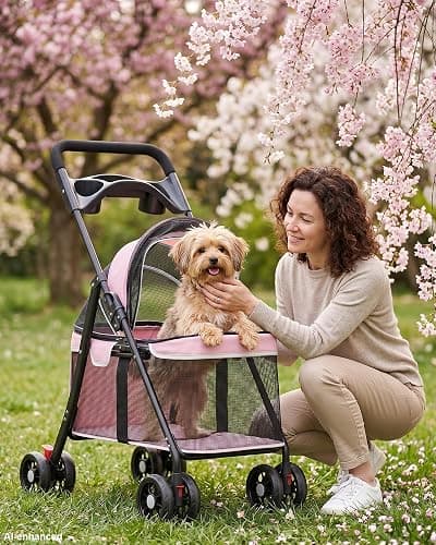 GTPLAYER Foldable Pet Stroller for Small Dogs and Cats, Holds Up to 33 lb, 4 Wheel, Full Mesh Ultra Breathable, Safety Tethers, Cup Holder & Poop Bags Included, Pink thumbnail 3