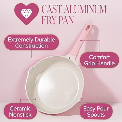 Paris Hilton Ceramic Cast Aluminum Nonstick Fry Pan, Fast & Even Heating with Easy Pour Spouts & Comfort-Grip Handle, 11-Inch, Pink thumbnail 4