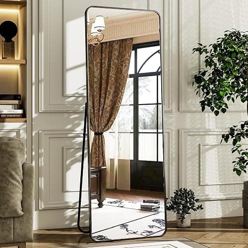 HARRITPURE 56" x 21“ Full Length Mirror - Rounded Corner Floor Mirror with Stand, Black Aluminum Frame Full Body Mirror, Hanging/Leaning/Standing Mirror for Bedroom, Cloakroom - Image 1