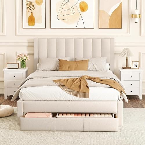 Giantex Queen Size Bed Frame with Storage Drawer, Upholstered Velvet Platform Bed with Vertical Channel Headboard, Wooden Slats Support Mattress Foundation, No Box Spring Needed, Beige thumbnail 3