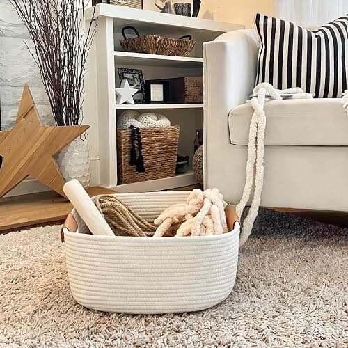 Cherrynow Square Woven Storage Basket for Shelves,Books,Cotton Rope Basket,Cube Storage Bin for Baby Toy,Towel,Magazine Basket,Home Décor White thumbnail 6