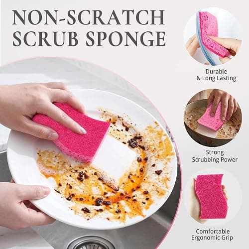 12 Pack Non-Scratch Kitchen Sponges, S-Shaped Pink Dish Sponges for Kitchen | Biodegradable Cellulose & Non-Scratch Scrubber, Household Gentle Cleaning Sponges for Pots Pans Stemware Porcelain Bathroom thumbnail 7