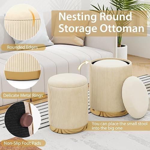 Giantex Ottoman with Storage - Set of 2 Storage Ottomans, 1 Large & 1 Small Nesting Ottoman Side Table, Upholstered Velvet Round Foot Rest Vanity Stool for Bedroom Living Room (Beige & Golden) thumbnail 5