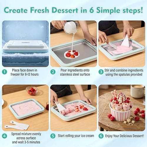 Premium Rolled Ice Cream Maker Kit w/Lid. Recipe Book, Stainless Steel Ice Cream Tray, 2 Spatulas,& Gift Ready Box. Homemade Ice Cream Maker. Instant Ice Cream Roller Maker (Mint Green) thumbnail 5