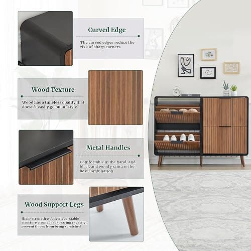 47" Fluted Large Shoe Cabinet with 4 Flip Drawers, Slim Freestanding Shoe Cabinet Organizer, Narrow Shoes Storage Rack for Entryway, 5 Sturdy Legs (Walnut and Black, 9.45" D x 47.24" W x 35.83" H) - Walnut and Black - 9.45"D x 47.24"W x 35.83"H thumbnail 6