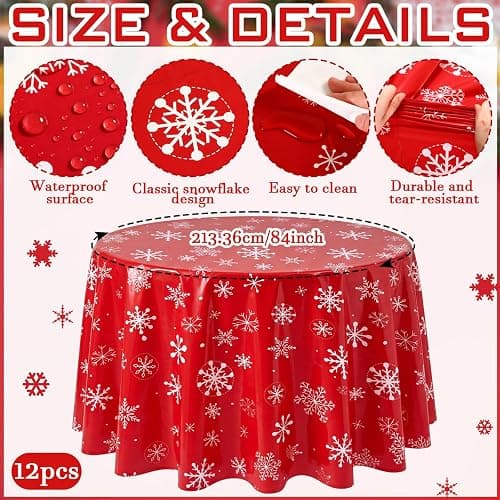 Ganeen 12 Pcs Snowflake Tablecloth Red White, Plastic Round Winter Xmas | Winter Table Covers with Placemats, Disposable for Easy Cleanup, Festive Snowflake Print for Holiday Parties thumbnail 3