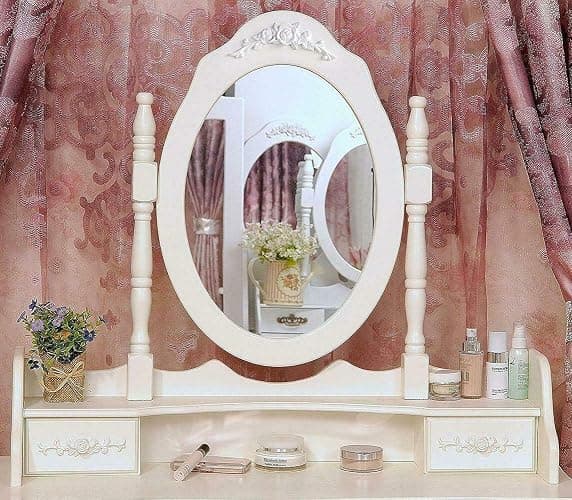 White Vanity Jewelry Makeup Dressing Table Set W/Stool 4 Drawer Mirror Wood Desk thumbnail 2