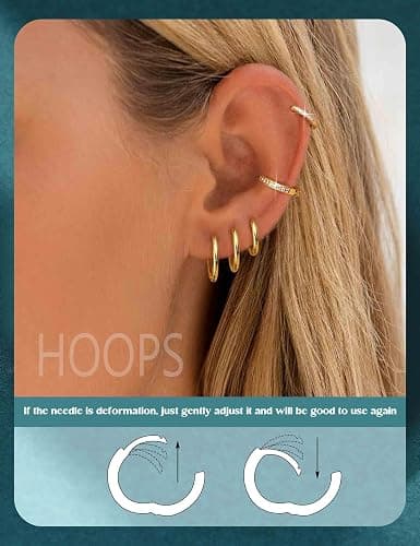 LOLIAS 14K Gold Plated Flat Back Earrings - Hypoallergenic Surgical Stainless Steel Stud Hoop Earrings for Women Girls Cute Stud Earring Set Small Huggie Hoops Cartilage Earring Stacks thumbnail 7