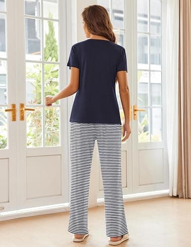 Ekouaer Pajama Sets for Women Short Sleeve Pj Set V Neck Sleepwear Chest Pocket with Long Pants Casual Loose Loungewear thumbnail 7