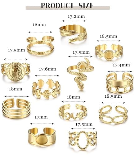 Besteel 18K Gold Plated Rings for Women, Stainless Steel Statement Rings Pack Stacking Boho Midi Rings Adjustable Open Ring Band Twisted Signet Rings Non Tarnish Gold Rings thumbnail 2