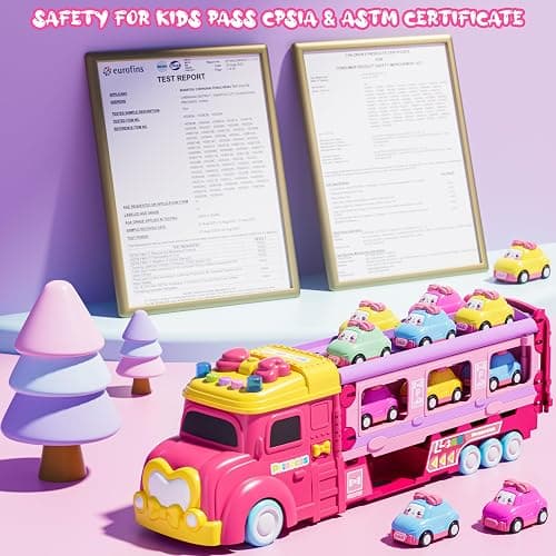 Funwee Car Toys for Age 2 3 4 5 6 7 Year Girl Toddler, Foldable Track & 2 Player Race Mode Game, Light & Sound Push Transport Carrier Truck W/ 6 Princess Car, Birthday Gift Idea for Kid thumbnail 2