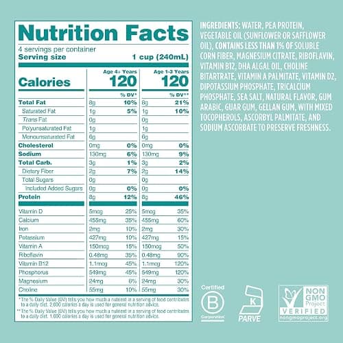 Ripple Plant Based Milk, Kids Unsweetened, 8g Pea Protein, Calcium Rich, Shelf Stable Carton, Vegan, Non-GMO, Dairy, Soy, Nut, Gluten & Lactose Free, 32 Fl Oz, Pack of 6 thumbnail 2