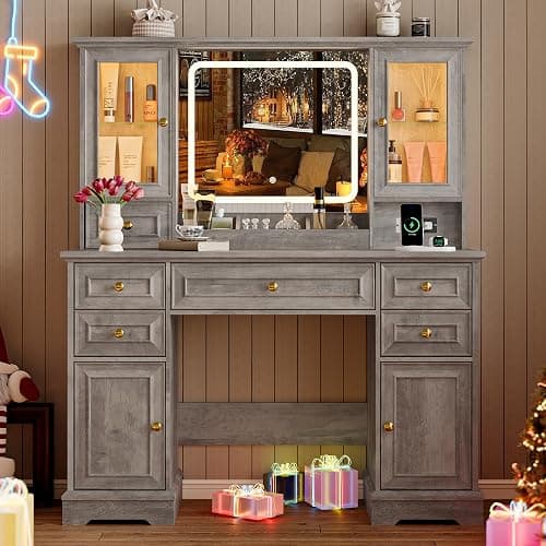BORNOON Vanity Desk with Lights, Large LED Mirror with 3 Color Modes, Makeup Vanity with Power Outlet & USB Ports, 6 Drawers & 2 RGB Glass Cabinets, Farmhouse Dressing Table for Women & Girls (Wood) thumbnail 3