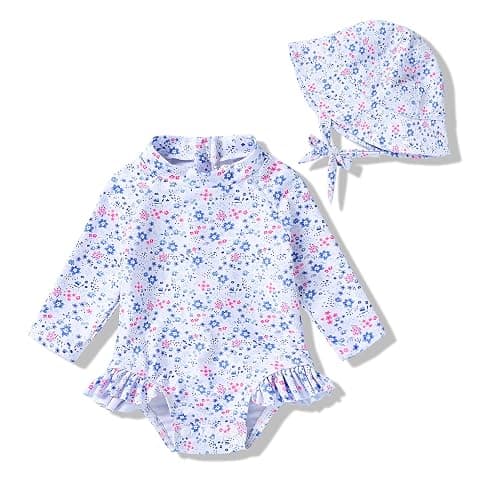 Infant Baby Girl Swimsuit One-Piece Long Sleeve Rash Guard with Hat Set Floral Zipper Bathing Suit Leopard Beach Wear - Image 1