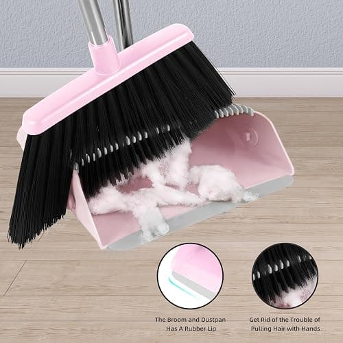 BSKLIN Broom and Dustpan Set, 54” Long Adjustable Handle Broom with Dustpan Combo Set Heavy Duty with Dust Pan Teeth to Clean Hair for Home Lobby Office (Medium Pink) thumbnail 5