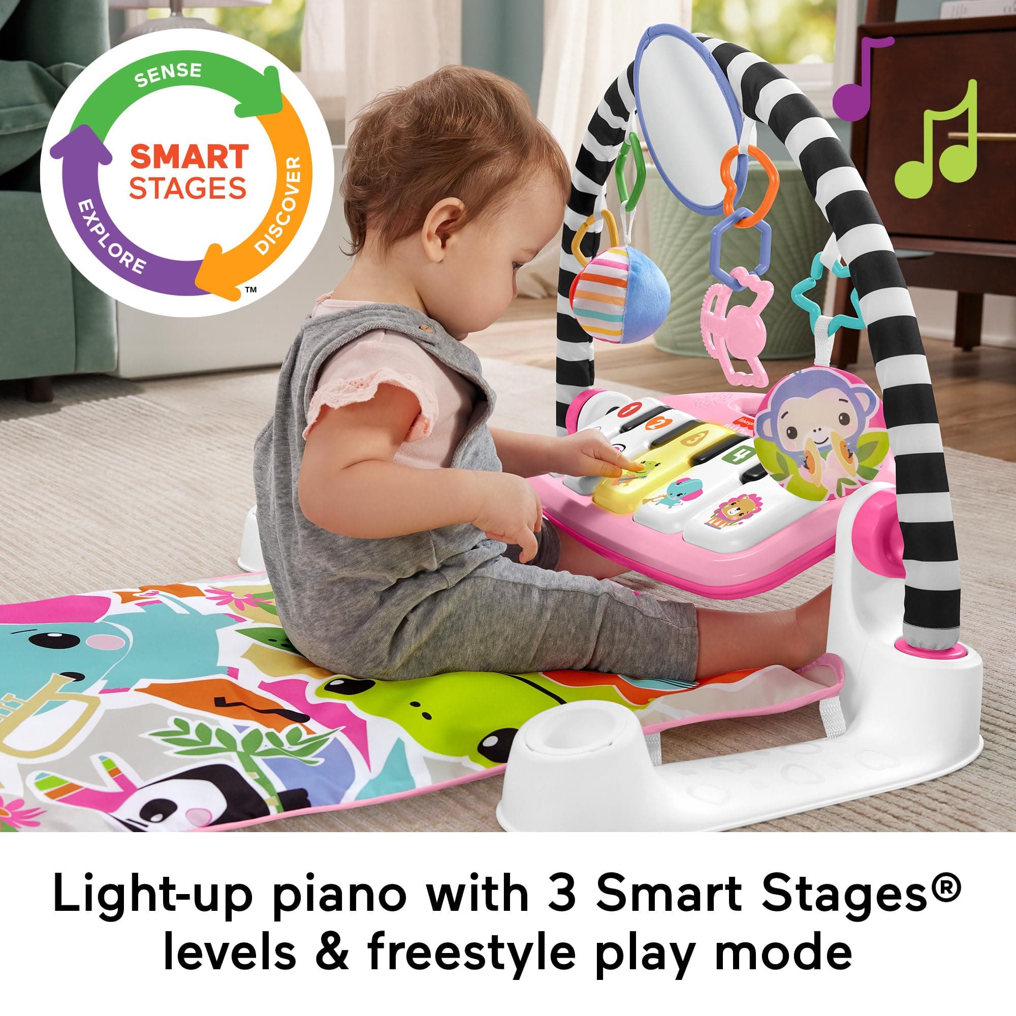 Fisher-Price Baby Activity Mat Glow and Grow Kick & Play Piano Gym, Portable Musical Toy with Smart Stages Learning, Ages 0+ Months, Pink, Queens English Version thumbnail 4