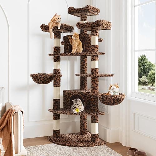 Allewie 73in Fan-Shaped Space-Saving Corner Cat Tower/Multi-Level Tall Cat Tree for Indoor Kitties/Cozy Baskets/Condos/House/Perches/Sisal Scratching Posts/Pet Activity Center/Leopard Print - Image 1