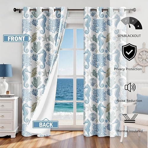 weesire Nautical Coastal Curtains Decorative Beach Ocean Seahorse Coral 50% Light Blocking Sea Darkening Grommet Curtain for Villa Living Room, Bedroom Navy Blue and White 2 Panels Set, 52x84 Inches thumbnail 3