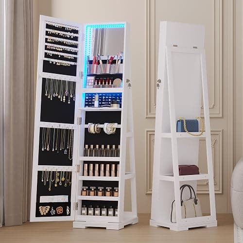 jajov 63" Mirror Jewelry Cabinet with Lights, 360° Swivel Frameless Full-Length Mirror Jewelry Armoire Organizer Standing, Rear Storage Shelves – White - Image 1