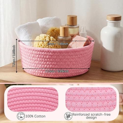 Yinkin 12 Pack Small Storage Basket Cute Natural Cotton Rope Woven Basket Tiny Boho Decorative Toy Storage Bin Gift Baskets for Home Organizing, Closet, Shelf, Nursery, Bathroom(Round,Pink) thumbnail 2