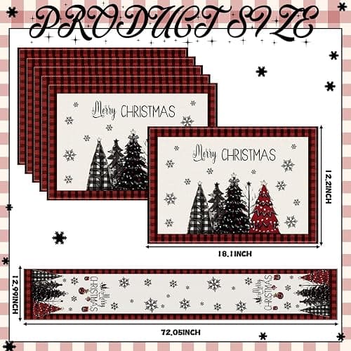 Patelai 7 Pcs Christmas Table Runner and Placemats Set Merry Christmas Buffalo Plaid Table Runner Xmas Placemats Red Black for Holiday Kitchen Dining Room Decor Party Wedding Decoration thumbnail 4