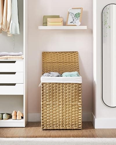 SONGMICS Laundry Hamper with Lid, 90L Clothes Hamper with 2 Removable Liner Bags, 6 Mesh Bags, Wicker Laundry Basket, Double Laundry Hamper for Bathroom, 13 x 18.1 x 23.6 Inches, Natural ULCB251N01V1 thumbnail 2