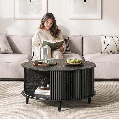 JOINICE,Black Round Coffee Table with Storage, 31.5" Fluted Center Table with Sliding Door, Modern Circle Drum Accent Table for Living Room, Sleek Wood Furniture for Small Spaces & Apartments thumbnail 3