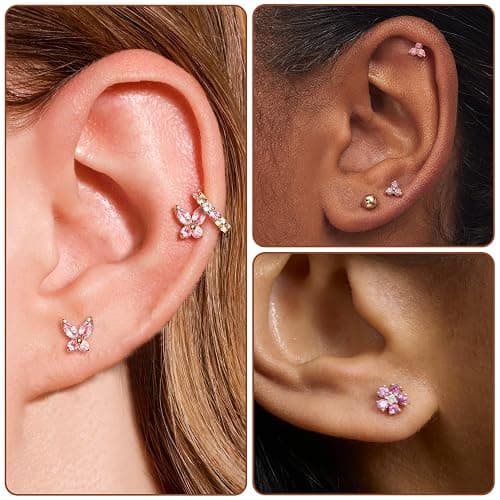 20G Gold Studs Earrings for Women,14K Gold Plated Hypoallergenic Butterfly Earrings for Girls,4 Pairs Flower/Butterfly/Cubic Zirconia Cute Earring and Trendy Huggie Hoop Dainty Multipack Earring Sets thumbnail 2