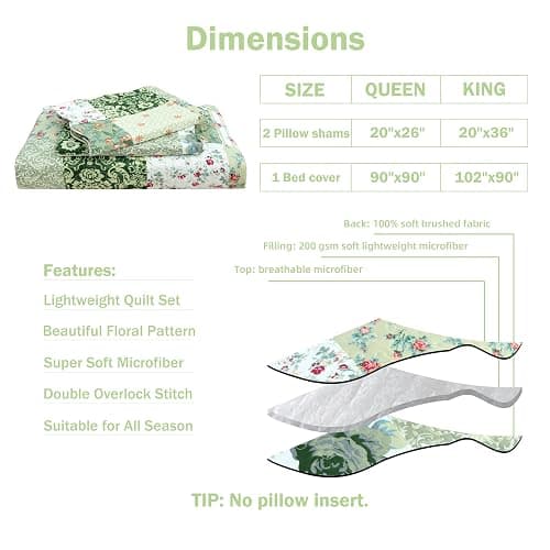 Cmfshape Summer Floral Queen Quilted Bedspread,Romantic Green Quilt Set,Reversible Stitched Bedding Cover All Season,Soft Lightweight Coverlet with Pillow Cases (Green&White, Queen90 x90) thumbnail 6