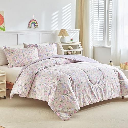 Joyreap 3pcs Floral Cotton Comforter Set for Girls, Pink Purple Flowers on Light Khaki Design, Twin Size Soft n Cozy Bedding Comforter Set for All Season- 68x88 inches thumbnail 3