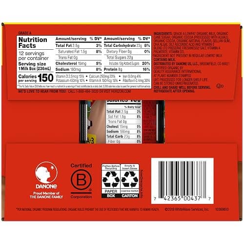 Horizon Organic Shelf Stable 1% Lowfat DHA Omega-3 Chocolate Milk Boxes, 8 fl oz, 12 Count - 8g Protein per Serving, USDA Organic UHT from Pasture-Raised Cows, Ready to Drink for Lunchbox, Travel, or On-the-Go, No Refrigeration Needed thumbnail 9