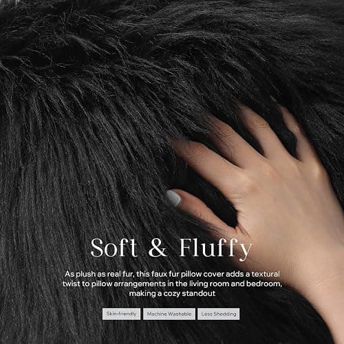 Phantoscope Pack of 2 Faux Fur Solid Throw Decorative Pillow Cover Cushion Covers Luxury Soft Halloween Decorative Pillowcase Fuzzy Pillow Covers for Bed/Couch, Black 18 x 18 Inches thumbnail 2