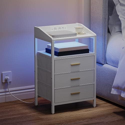 Hzuaneri Nachttisch mit LED-Leuchten und ladefunktion, Beistelltisch mit 3 Stoff-Schubladen mit USB-Anschlüssen & Steckdosen, für Schlafzimmer, Wohnzimmer, Weiß NS31013W thumbnail 2