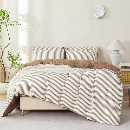 BUPIRD Mocha Brown Comforter Set King Striped Soft Washed Microfiber Jacquard 3 Pieces Striped Bedding Sets Mocha Brown White Comforter for All Seasons and 2 Pillowcases Comfort Breathable thumbnail 7