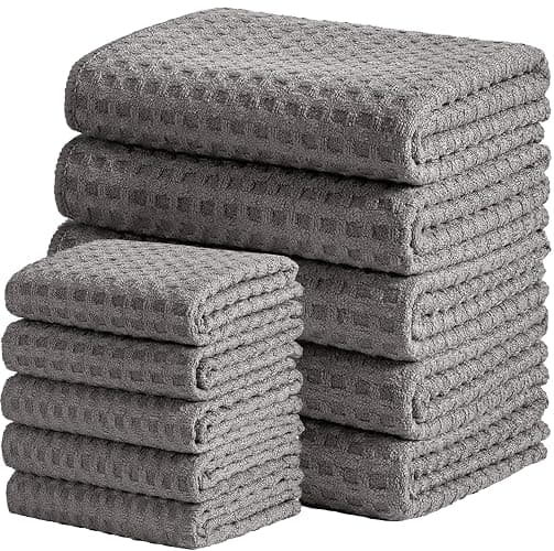 Vnoss Waffle Weave Microfiber Kitchen Towels and Dishcloths Set, 26 X 18 Inch and 12 X 12 Inch, Set of 10 Gray Lint Free Dish Towels for Drying Dishes - Image 1