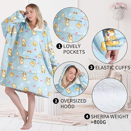 Fiosnow Corgi Blanket Hoodies for Women and Men Adult Oversize Wearable Blanket Hoodies for Soft and Warm - Light Blue Corgi - Adult thumbnail 3