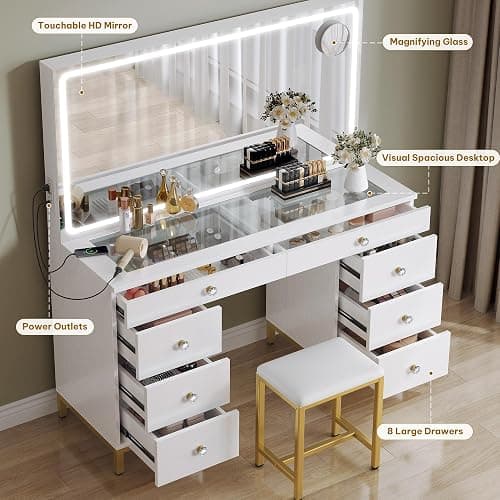 DWVO White Vanity Desk with Mirror: Makeup Table with Power Outlets & 8 Drawers 3-Mode LED Mirror, Storage Stool for Dressing Room thumbnail 5