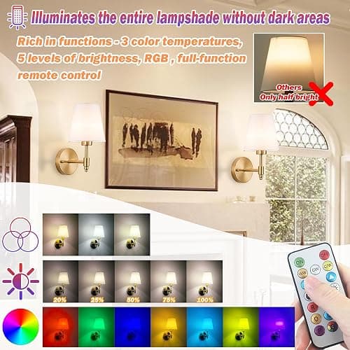 Nekhung Battery Operated Wall Sconces Set of Two, Wireless Battery Wall Light with 10000mAh RGB Dimmable Magnetic Bulb and Remote, Rechargeable Sconce Wall Decor for Bedroom Living Room Hallway thumbnail 5