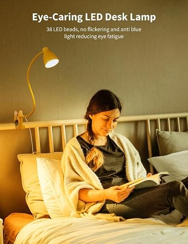 BOHON Clip on Light, 10W 38 LED Desk Lamp with Clamp, 5 Color 10 Brightness Auto Off Timer, Flexible Neck Clip Lamp, Desk Lights for Office Home Bed Bedside Reading, Bright Yellow thumbnail 6